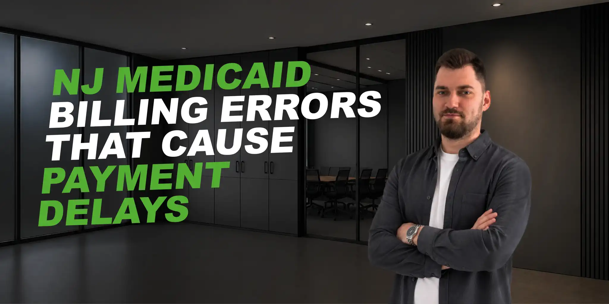 man in an office. text says: Common NJ Medicaid Billing Errors That Cause Payment Delays