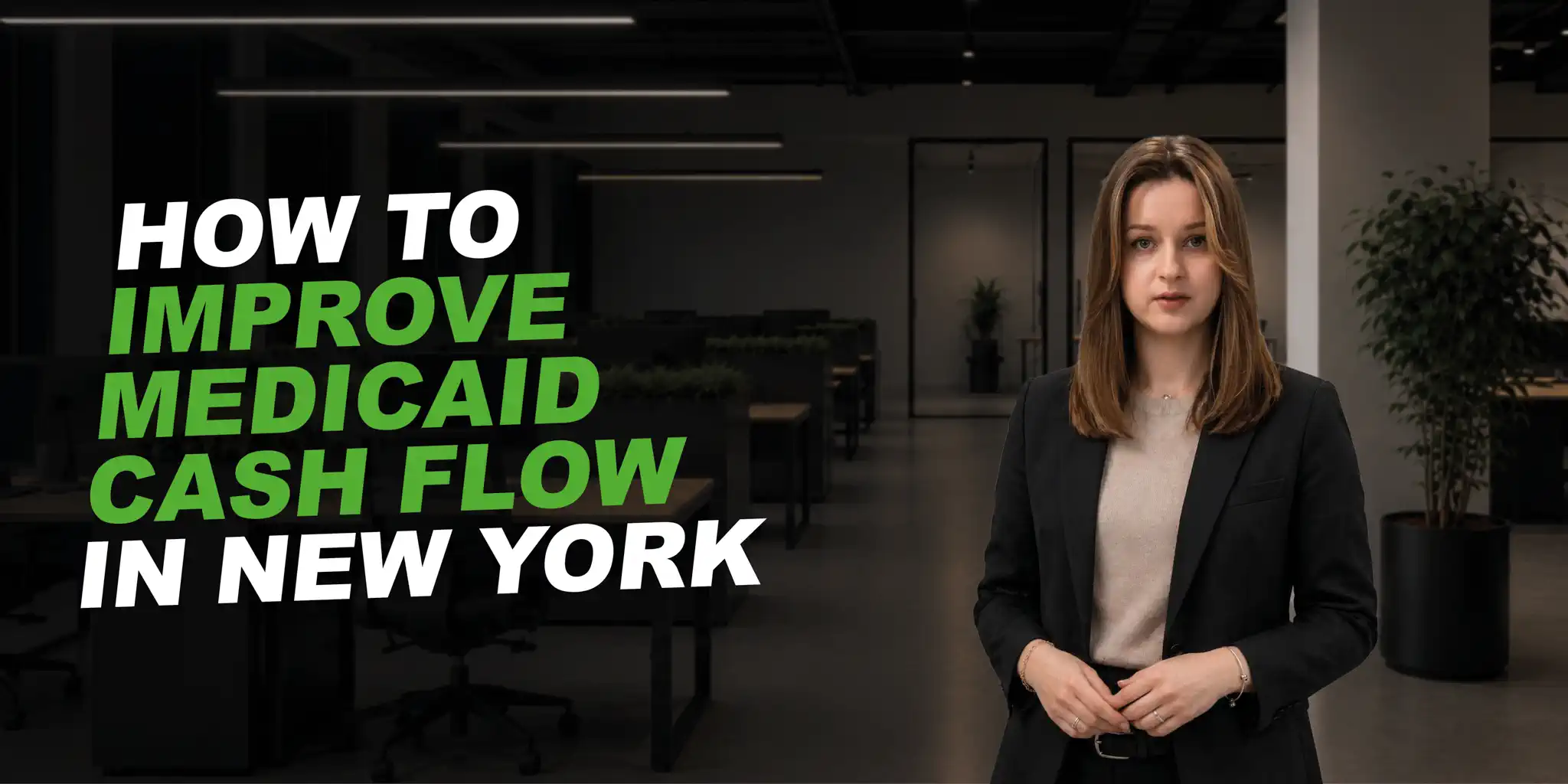 women in dark jacket. text says: How to Improve Medicaid Cash Flow in New York Nursing Homes