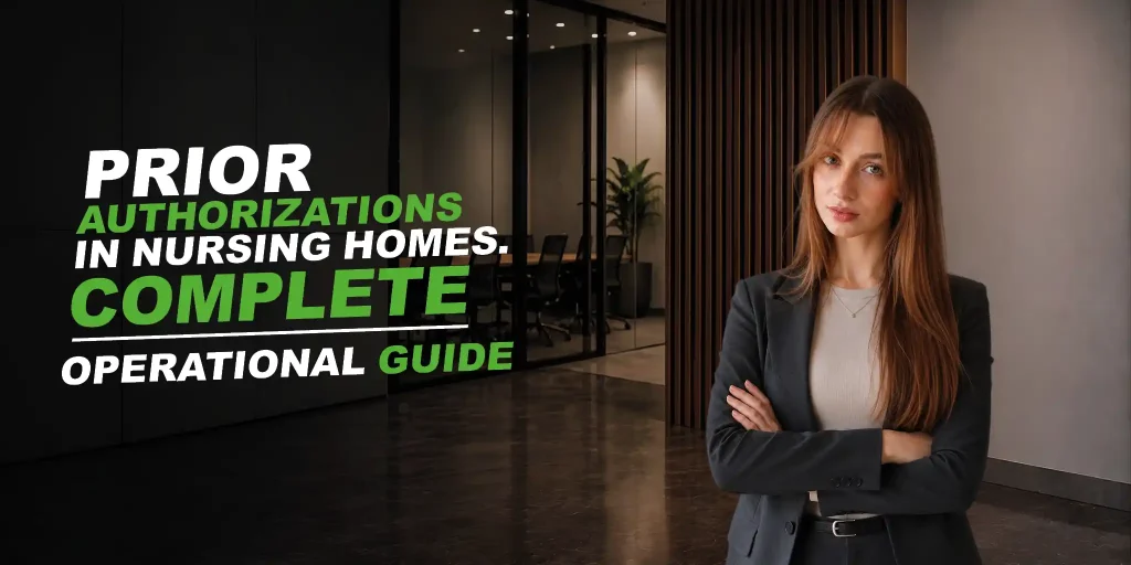 Girl business dressed in dark premium office. Text: Prior Authorization in Nursing Homes: Complete Operational Guide