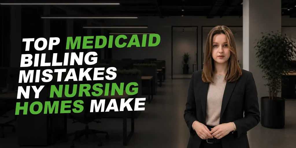 girl in business jacket. text says: Top Medicaid Billing Mistakes New York Nursing Homes Make