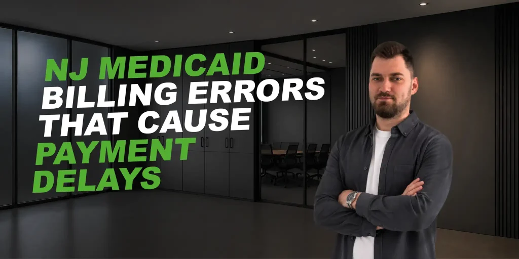 man in an office. text says: Common NJ Medicaid Billing Errors That Cause Payment Delays