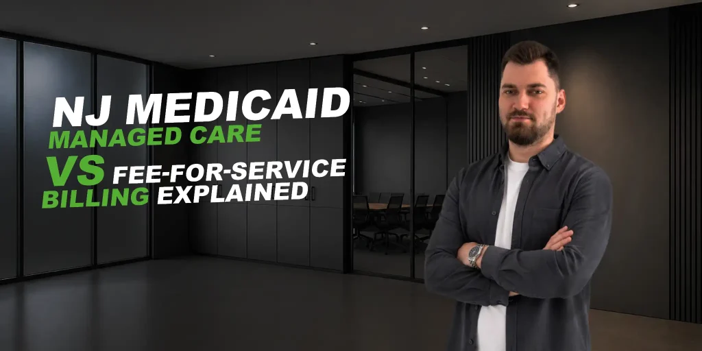 a man in standing in a office. text says NJ Medicaid Managed Care vs Fee-for-Service Billing Explained