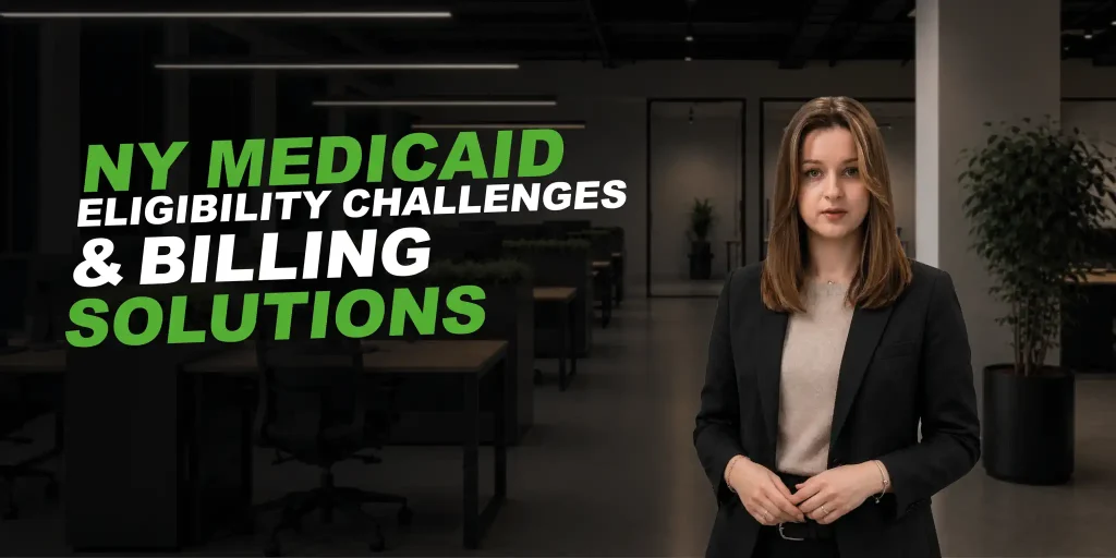 business women in dark suite in a dark office. text says: NY Medicaid Eligibility Challenges and Billing Solutions